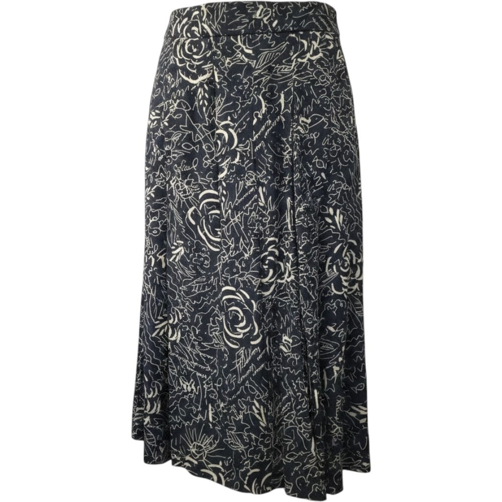 Vintage Jaeger Silk Blend Abstract Doodle Print Pleated Midi Skirt Black 8